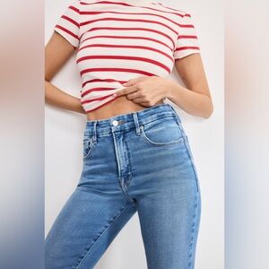 GOOD AMERICAN GOOD PETITE RAW HEM STRAIGHT LEG JEANS INDIGO025